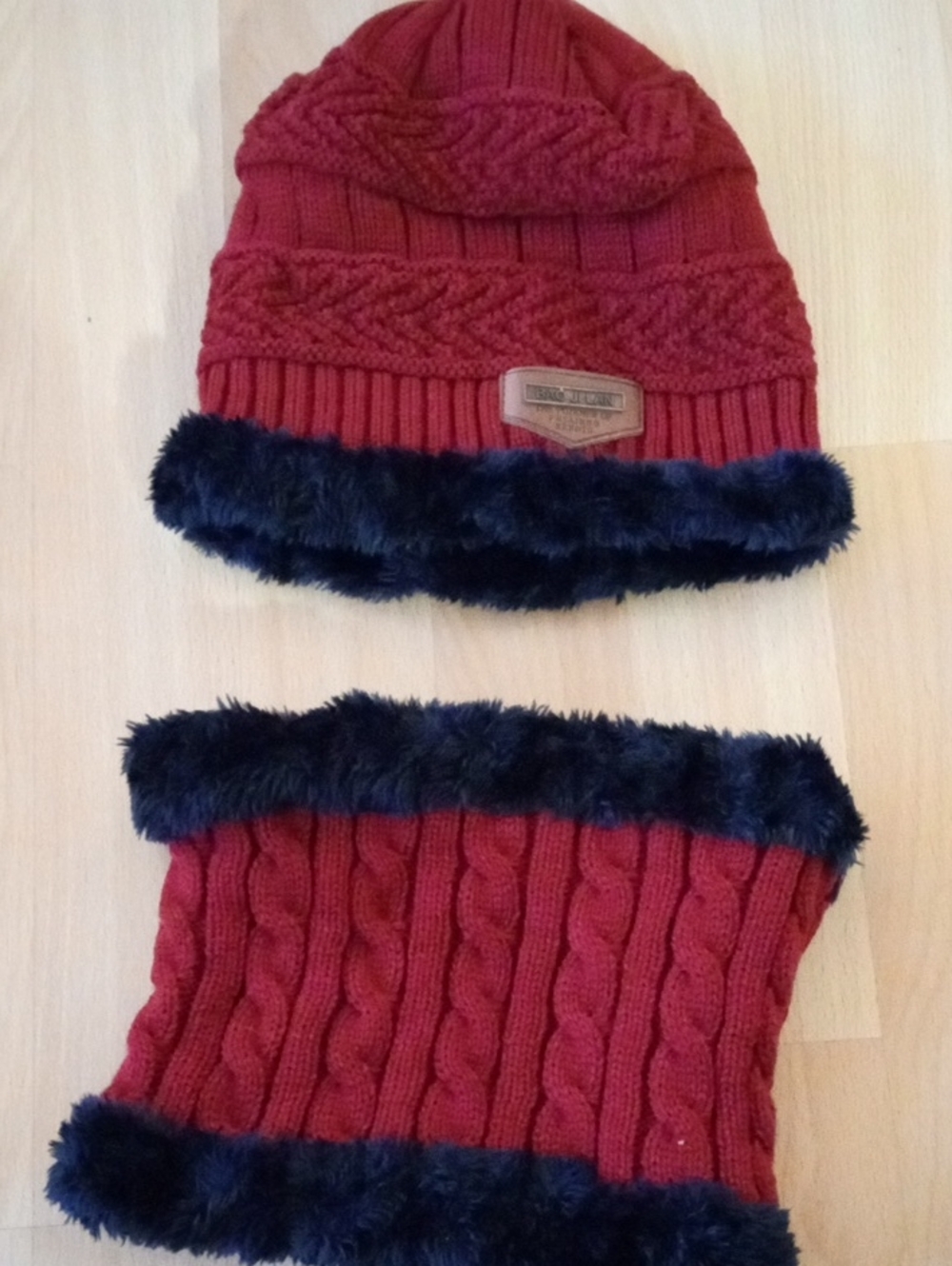 Red Knit Beanie and Neck Warmer Set with Faux Fur Trim